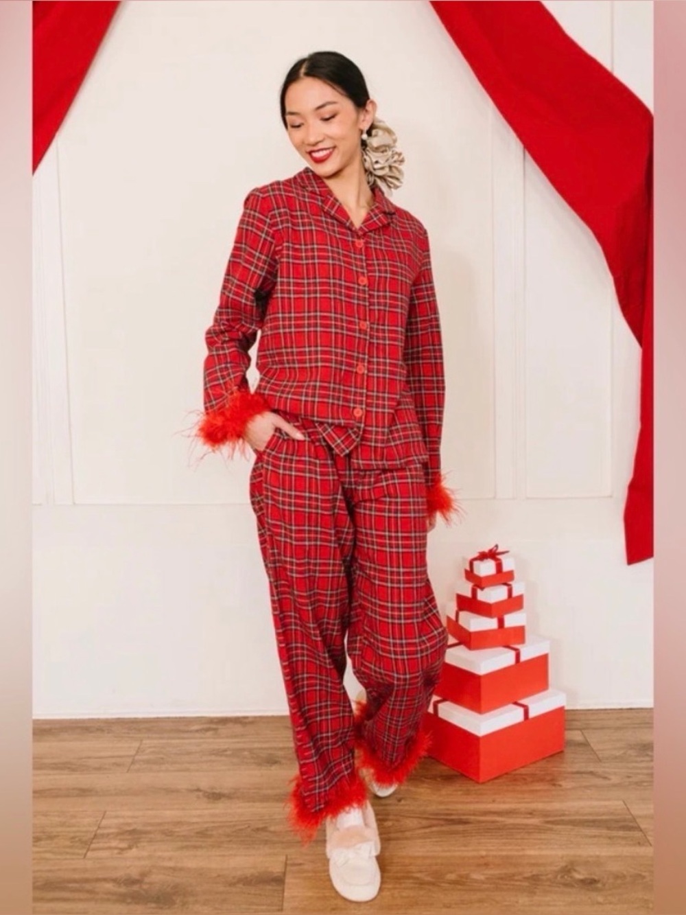 Ivy City Co SET Red Tartan Flannel Top and Pangs with Feather Cuffs